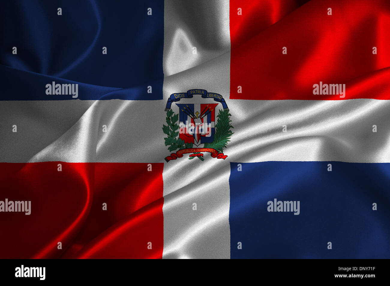 Dominican Republic flag on satin texture. Stock Photo