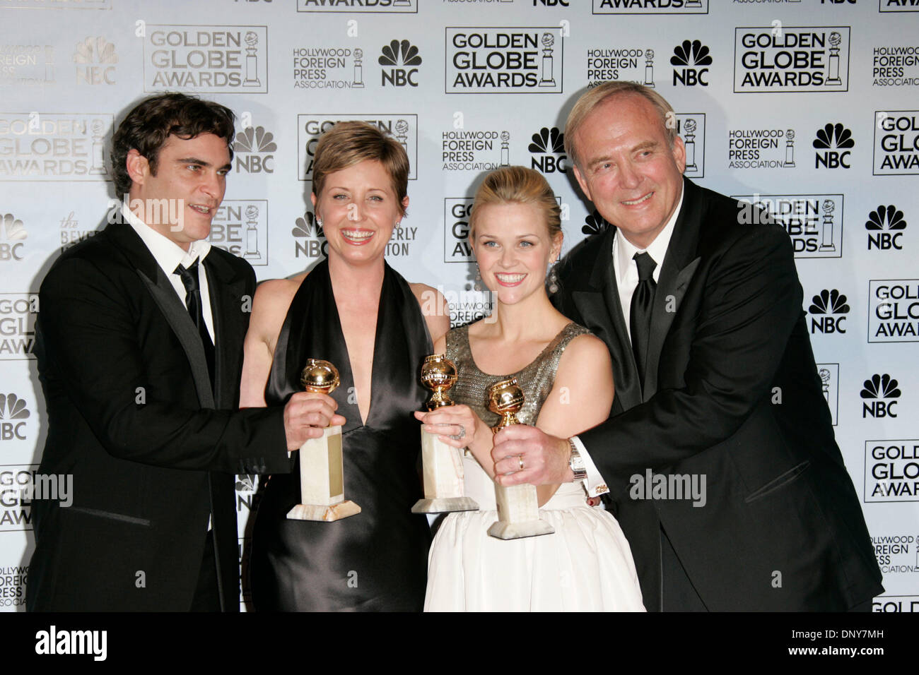 Jan 16, 2006; Beverly Hills, CA, USA; Golden Globes 2006: JOAQUIN PHOENIX, CATHY KONRAD, REESE WITHERSPOON and JAMES KEACH in the press room at the 63rd Annual Golden Globe Awards held at the Beverly Hilton Hotel. Mandatory Credit: Photo by Lisa O'Connor/ZUMA Press. (©) Copyright 2006 by Lisa O'Connor Stock Photo