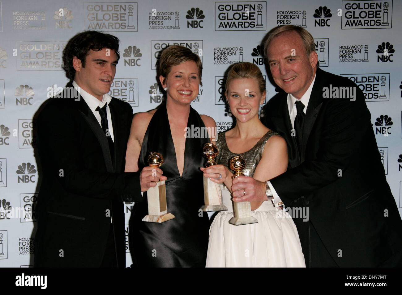 Jan 16, 2006; Beverly Hills, CA, USA; Golden Globes 2006: JOAQUIN PHOENIX, CATHY KONRAD, REESE WITHERSPOON and JAMES KEACH in the press room at the 63rd Annual Golden Globe Awards held at the Beverly Hilton Hotel. Mandatory Credit: Photo by Lisa O'Connor/ZUMA Press. (©) Copyright 2006 by Lisa O'Connor Stock Photo