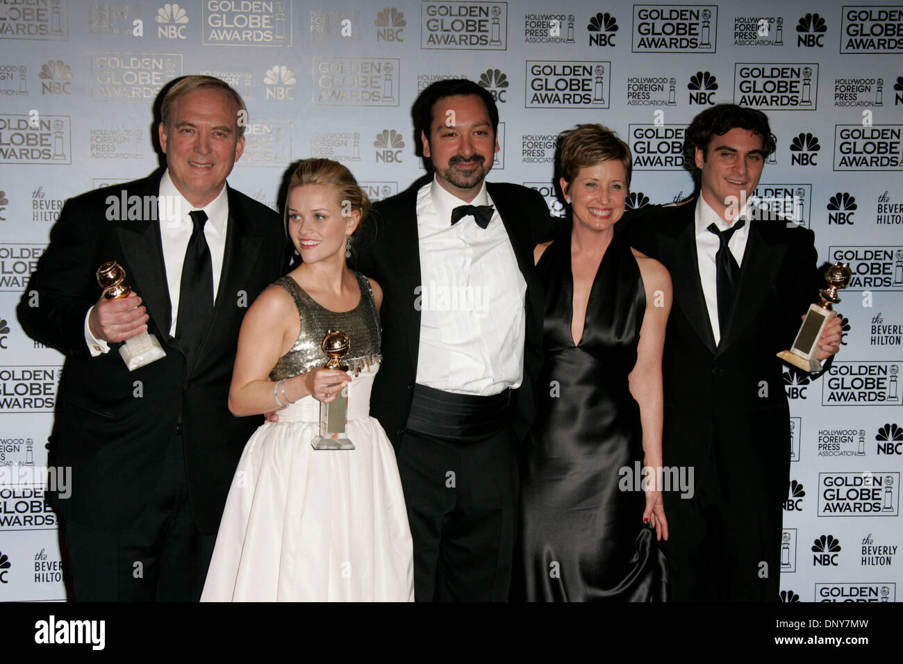 Jan 16, 2006; Beverly Hills, CA, USA; Golden Globes 2006: JOAQUIN PHOENIX, CATHY KONRAD, REESE WITHERSPOON and JAMES KEACH in the press room at the 63rd Annual Golden Globe Awards held at the Beverly Hilton Hotel. Mandatory Credit: Photo by Lisa O'Connor/ZUMA Press. (©) Copyright 2006 by Lisa O'Connor Stock Photo