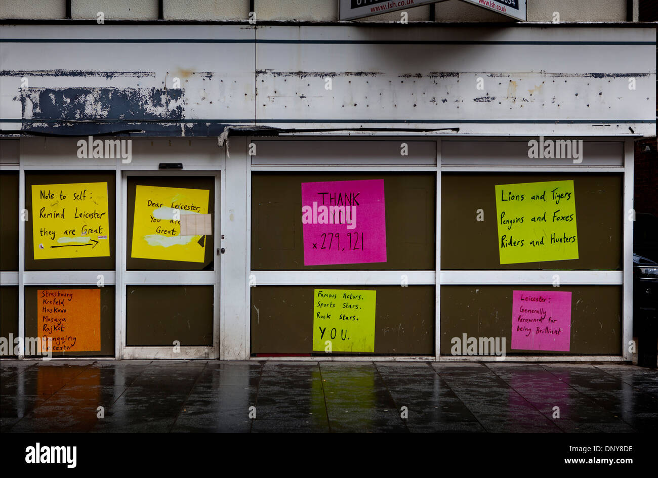 Graffiti art work in closed Leicester store based on Post-it notes, UK Stock Photo