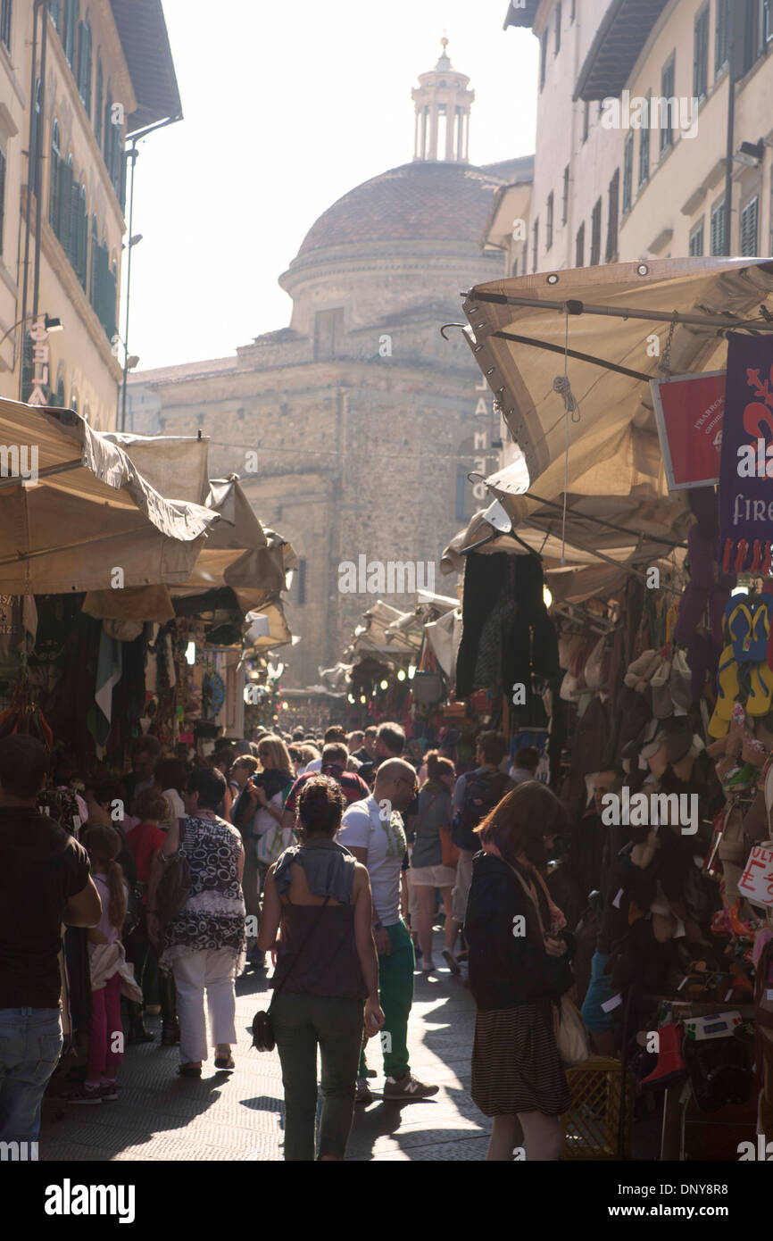 Street markets market busy with people stalls San Lorenzo church in background Florence Firenze Tuscany Italy Stock Photo