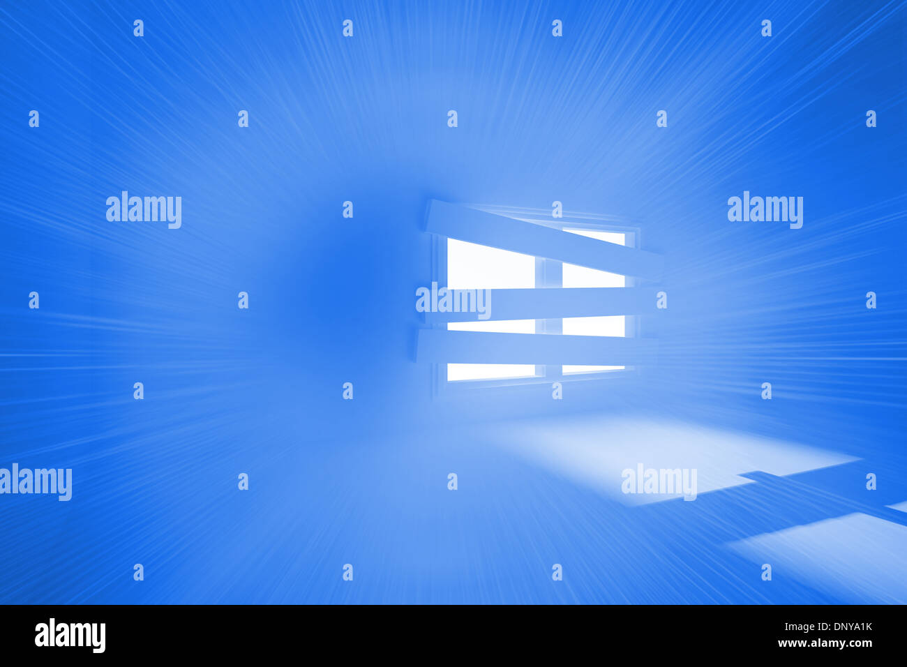 Bright blue room with bordered up window Stock Photo - Alamy