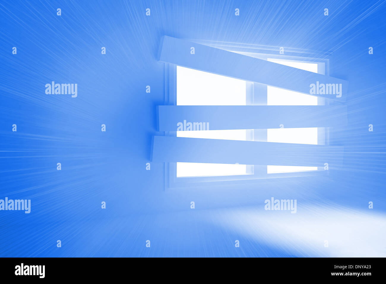Bright blue room with bordered up window Stock Photo - Alamy