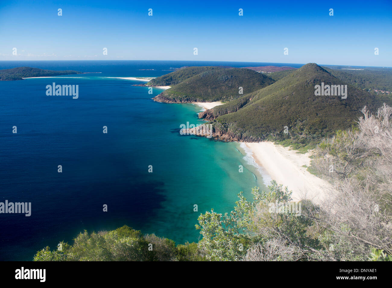 Zenith Beach, Wreck Beach and Box Beach from Tomaree Head lookout Tomaree National Park Port Stephens New South Wales Australia Stock Photo