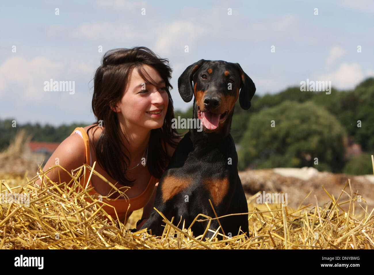 Dog Dobermann / Doberman Pinscher black and tan and a girl Stock Photo