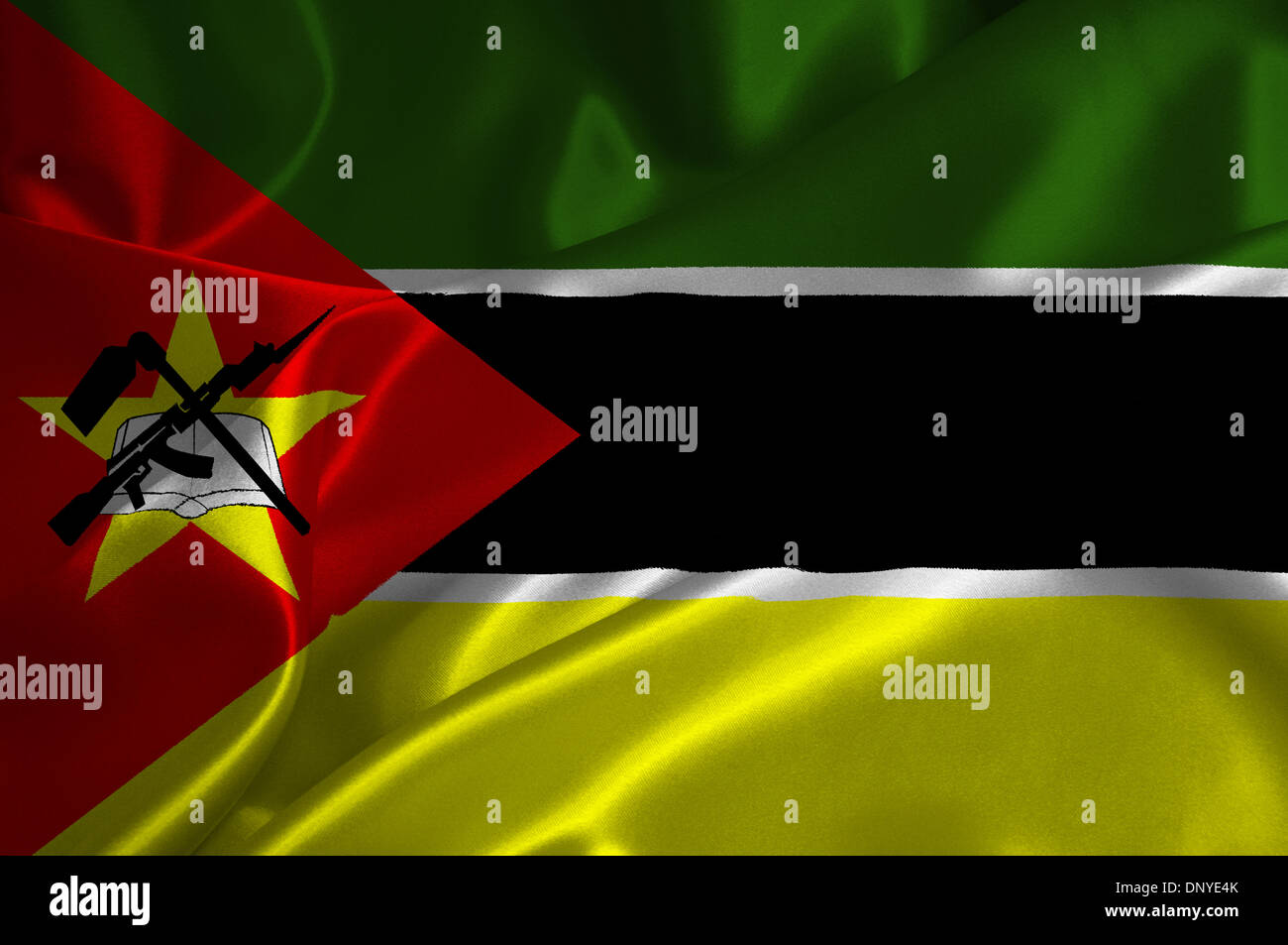 Mozambique flag on satin texture. Stock Photo