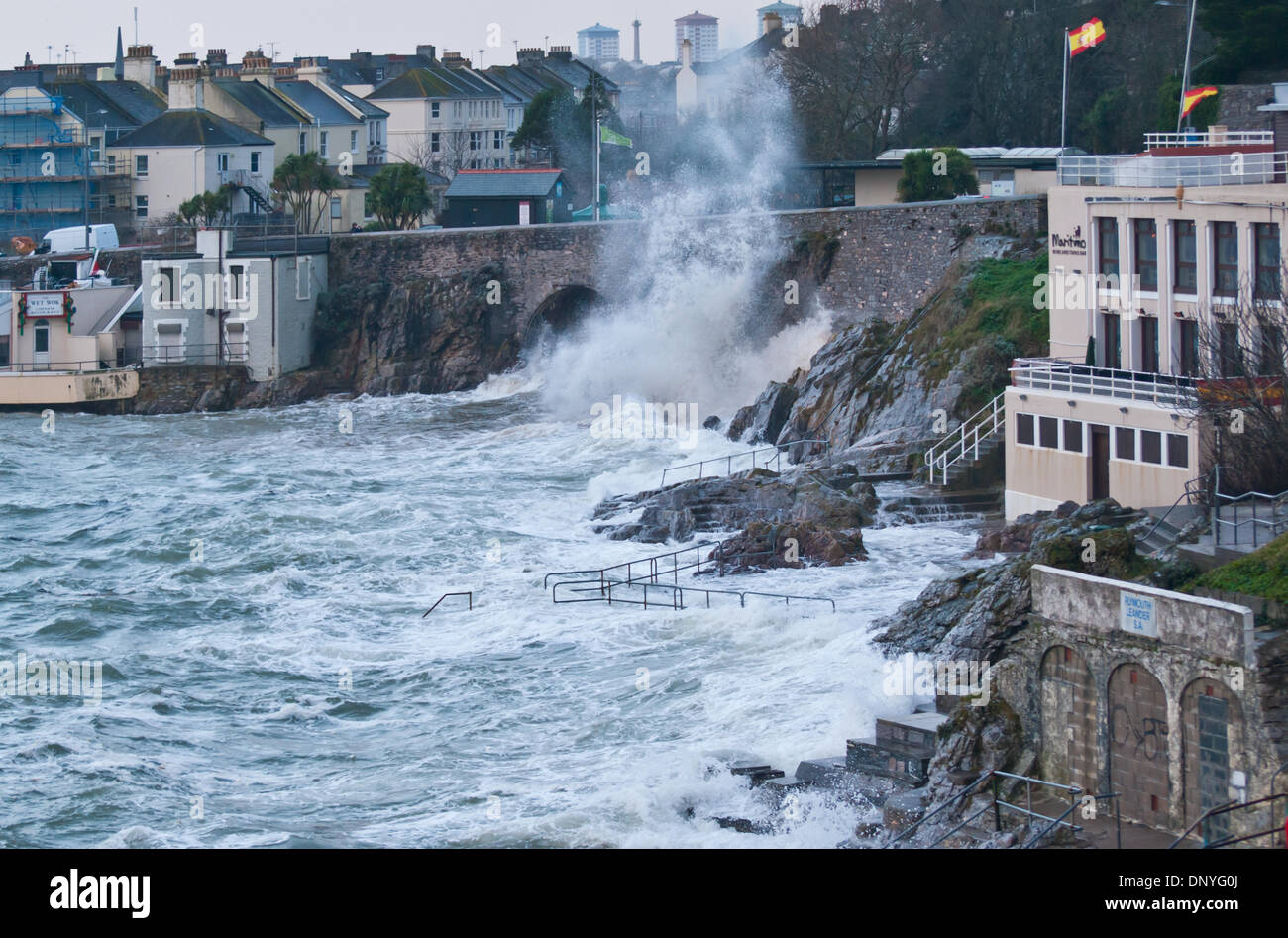 Plymouth, Devon, UK. 06th Jan, 2014. Plymouth water front is battered by large waves and stormy seas as another Atlantic storm passes through. Credit:  Anna Stevenson/Alamy Live News Stock Photo