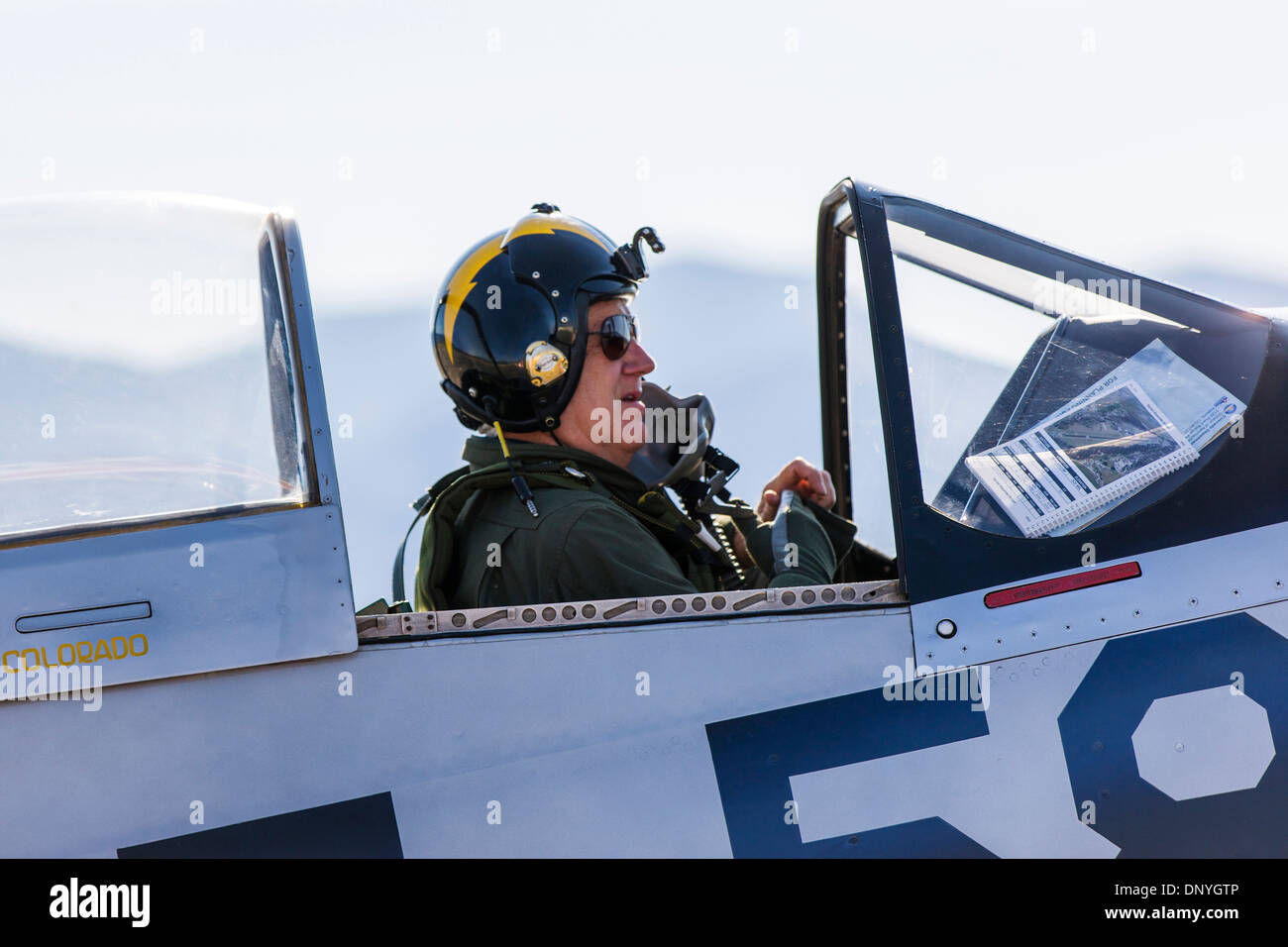 Pilot of North American Aviation P-51 Mustang, American long-range, single-seat fighter and fighter-bomber Stock Photo