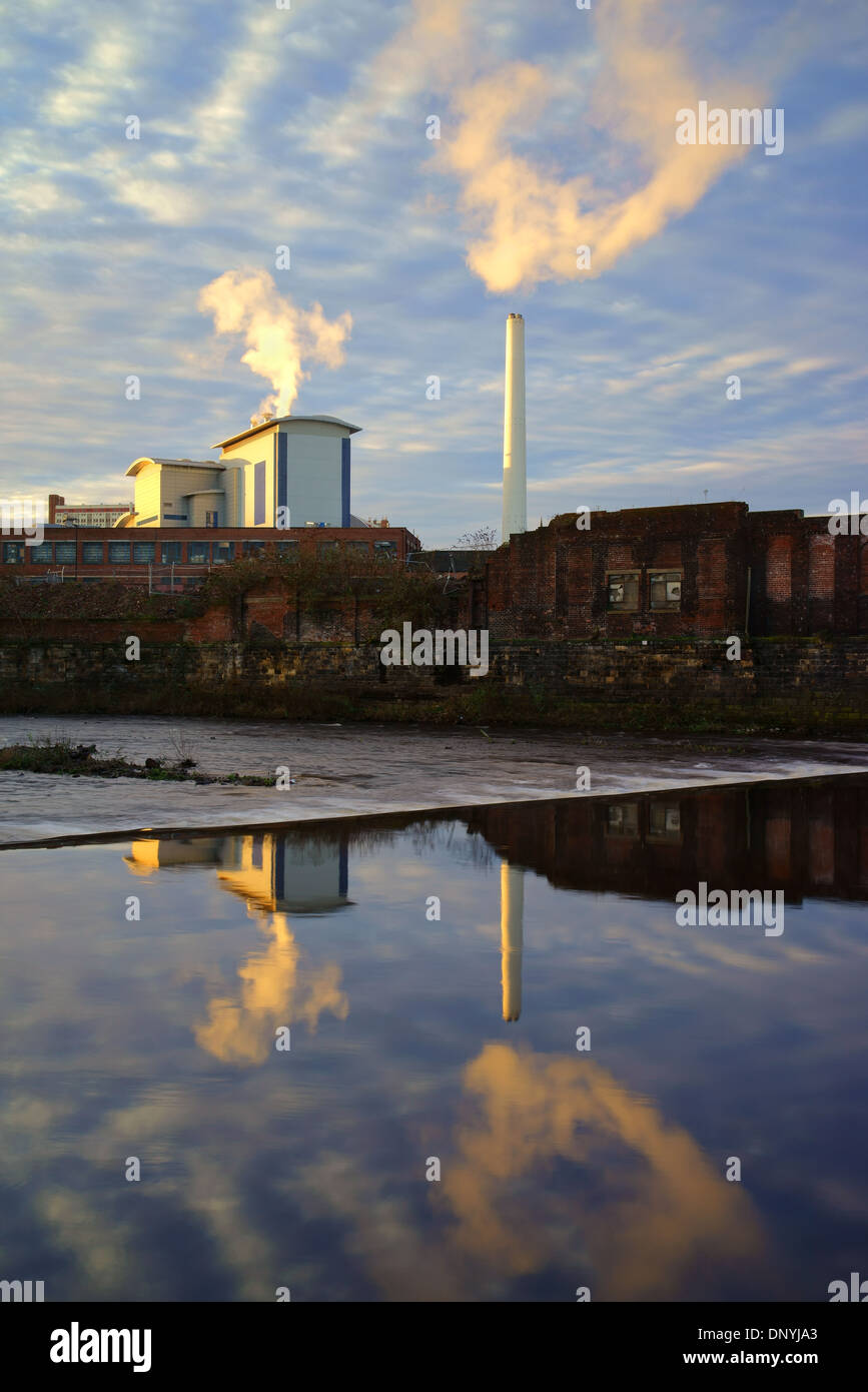 UK,South Yorkshire,Sheffield, Veolia Incinerator & Reflections in River Don Stock Photo