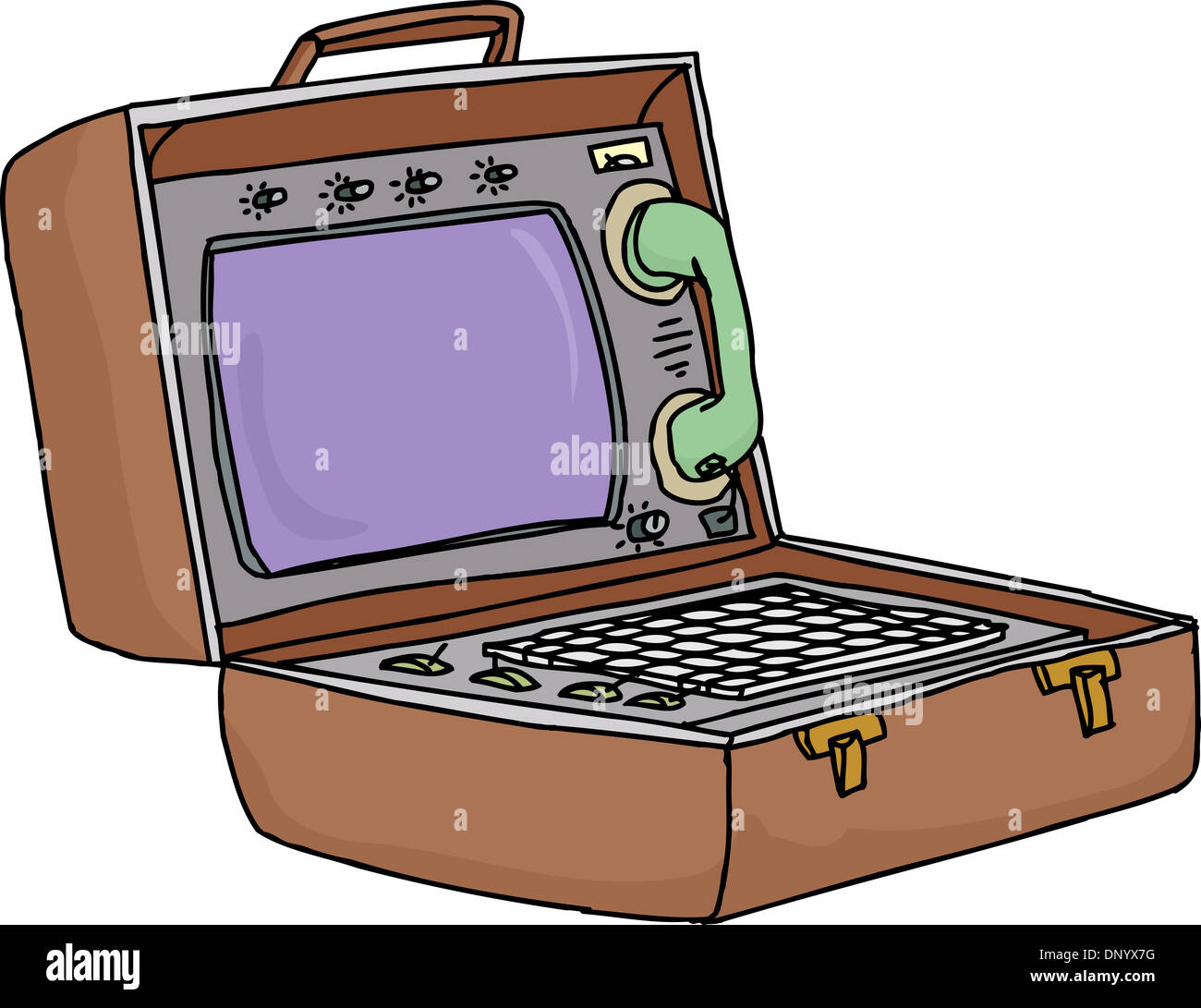 Vintage briefcase computer with phone on white background Stock Photo