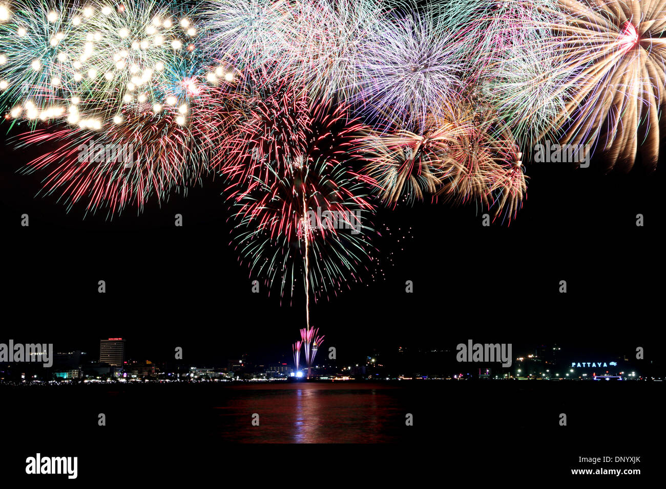 Variety of colors Fireworks or firecracker in the darkness at Pattaya,Thailand. Stock Photo