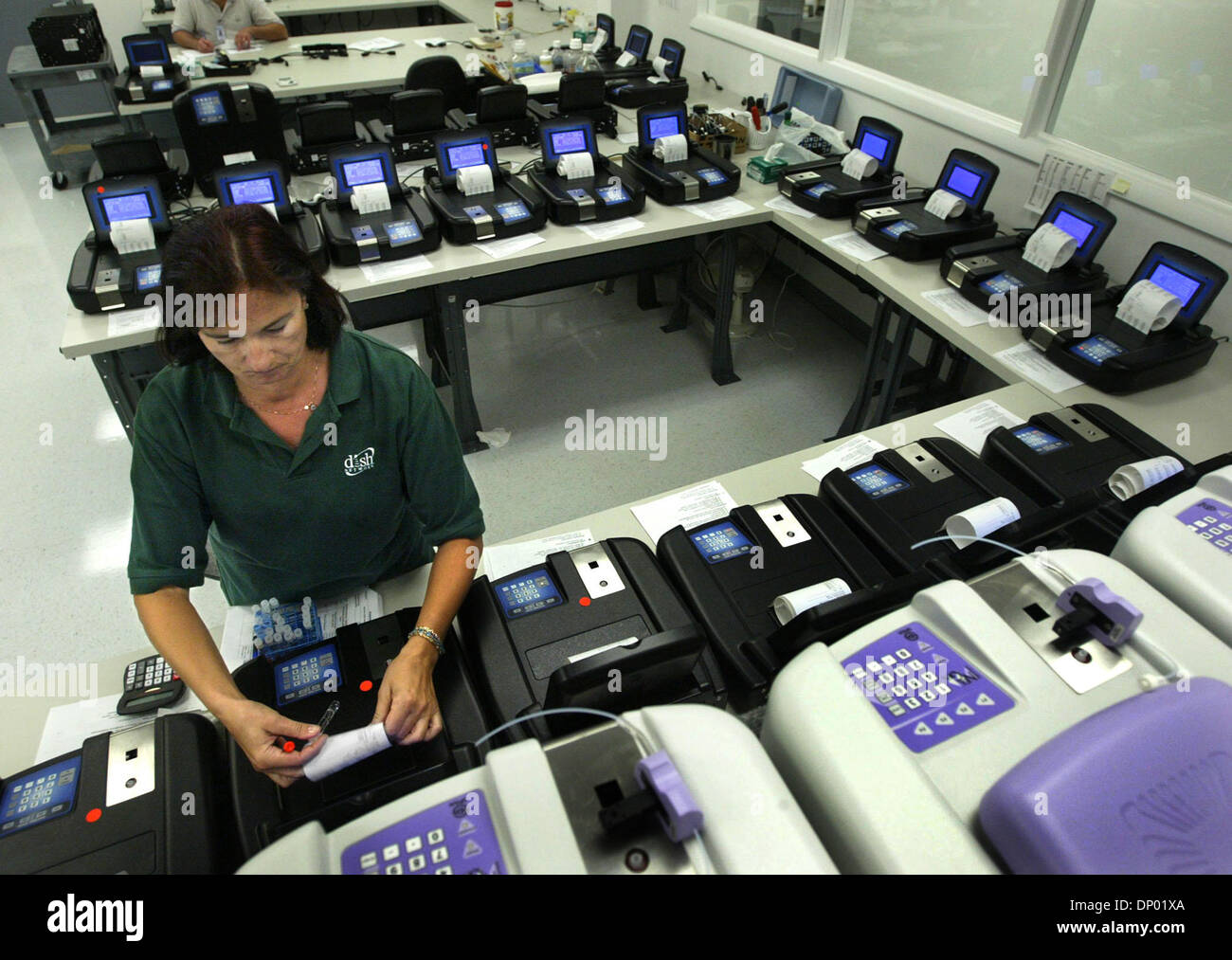 Feb 24, 2006; Palm City, FL, USA; At Awareness Technology, Inc.,  quality control inspector Grace Jurkiewicz checks results of a semi-automatic Biochemistry Analyzer undergoing final testing before shipment to a client.  Similar machines at front right featuring controls and external aesthetics in the color purple are destined for India. Mandatory Credit: Photo by David Spencer/Pal Stock Photo