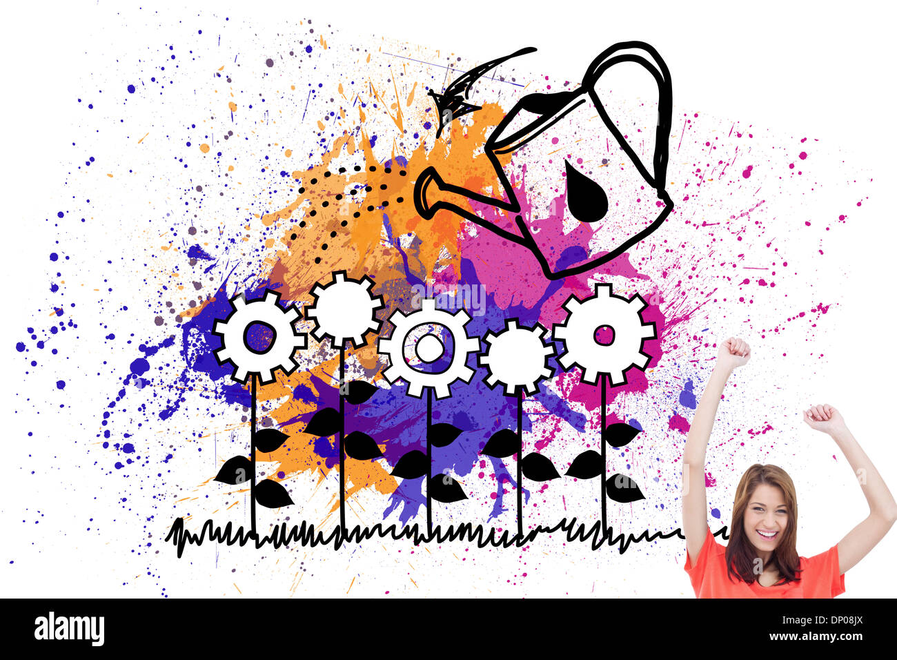 Composite image of laughing teenage wearing casual clothes while raising her arms Stock Photo