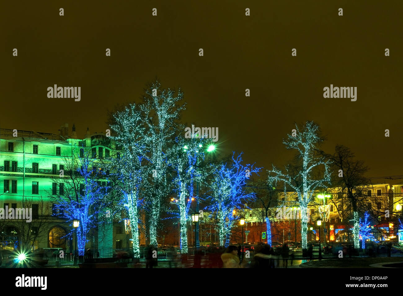 illuminated trees on the street in Moscow Stock Photo
