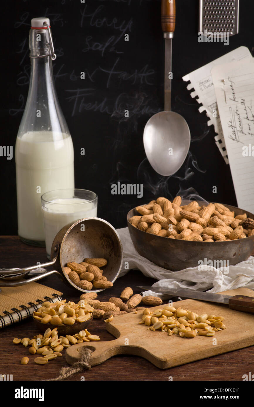 Dried peanuts on table. Recipe with milk and peanuts ingredients Stock Photo