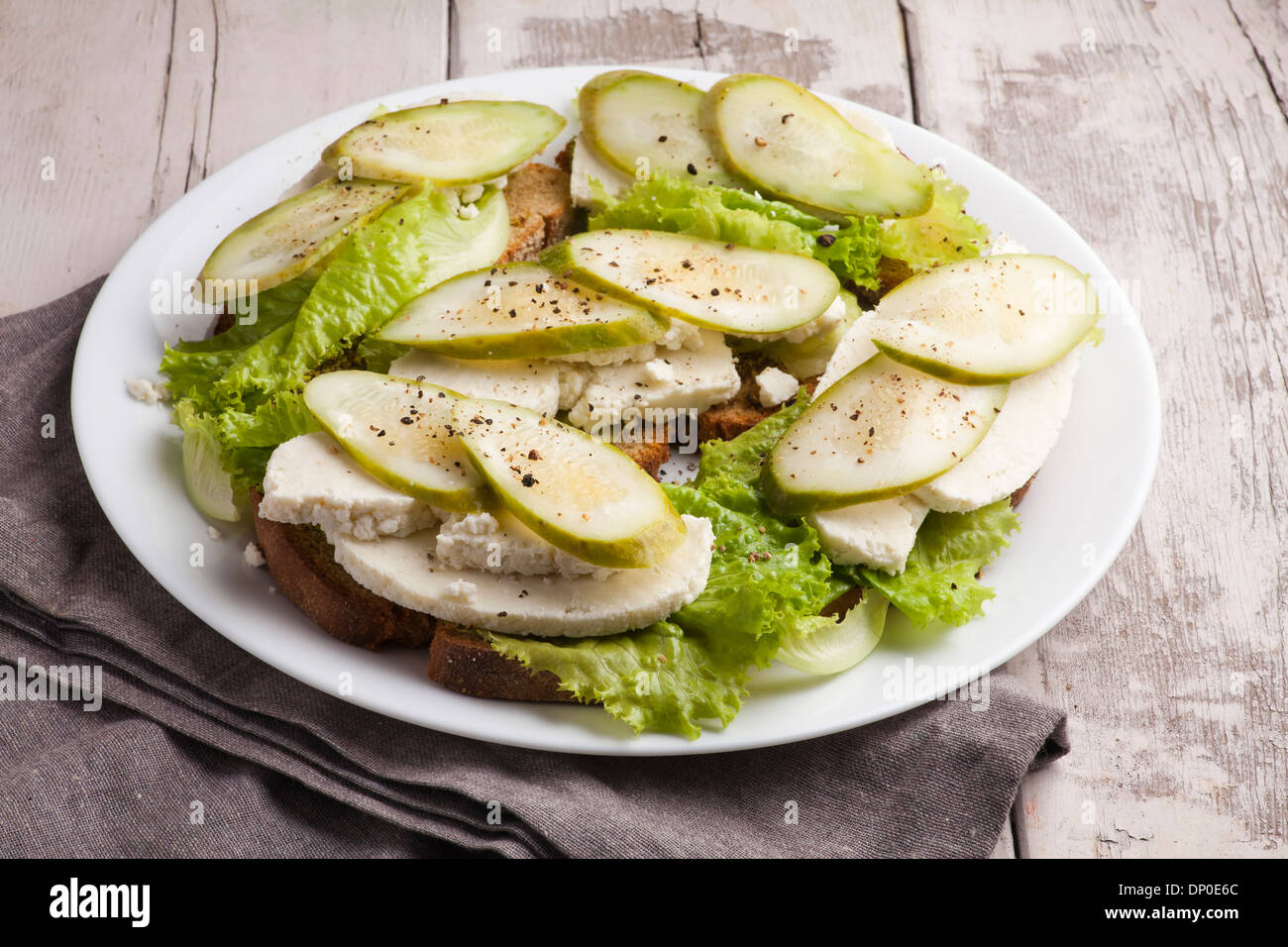 Sandwich with cottage cheese and pickled cucumber Stock Photo