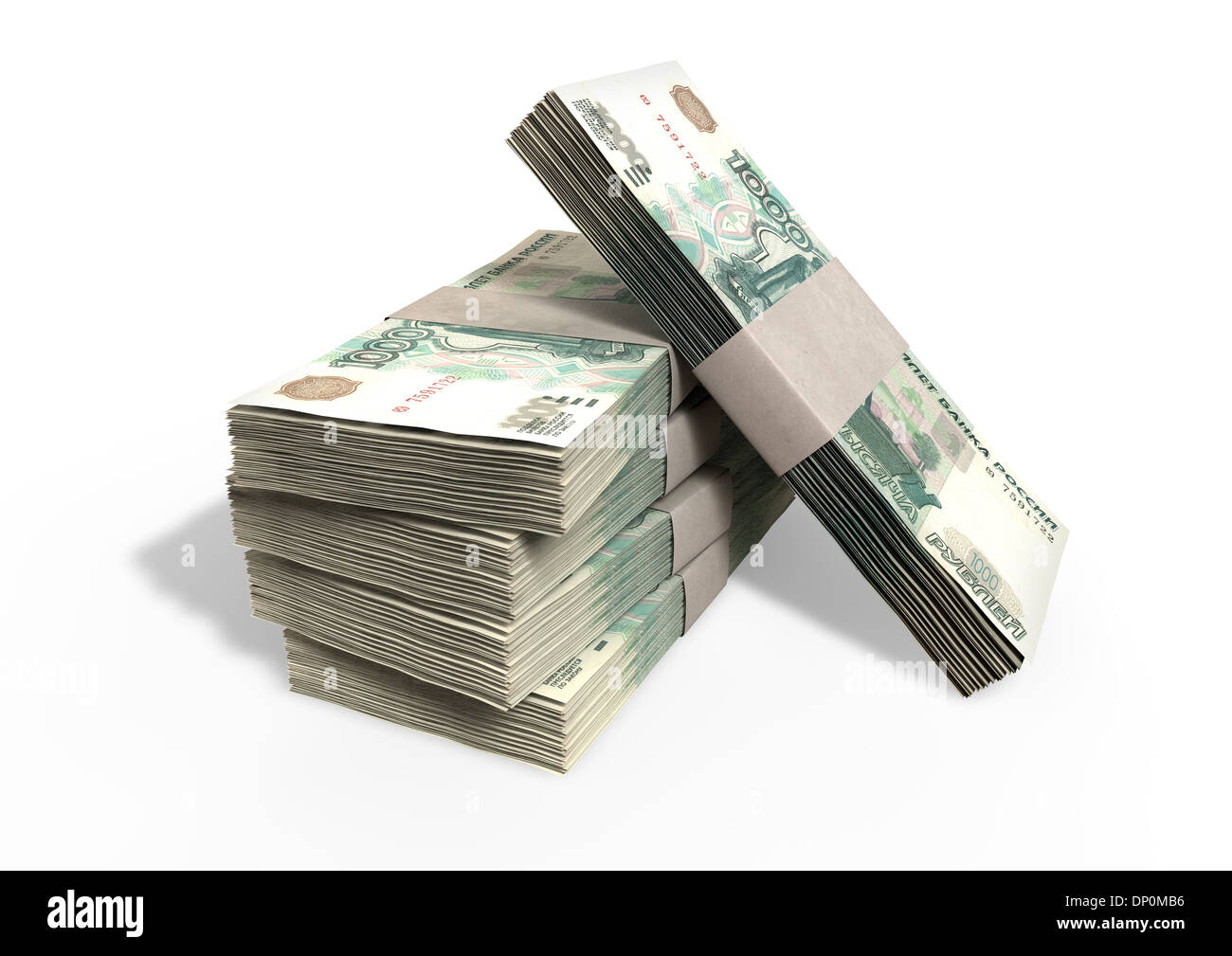 A stack of bundled russian ruble banknotes on an isolated background ...