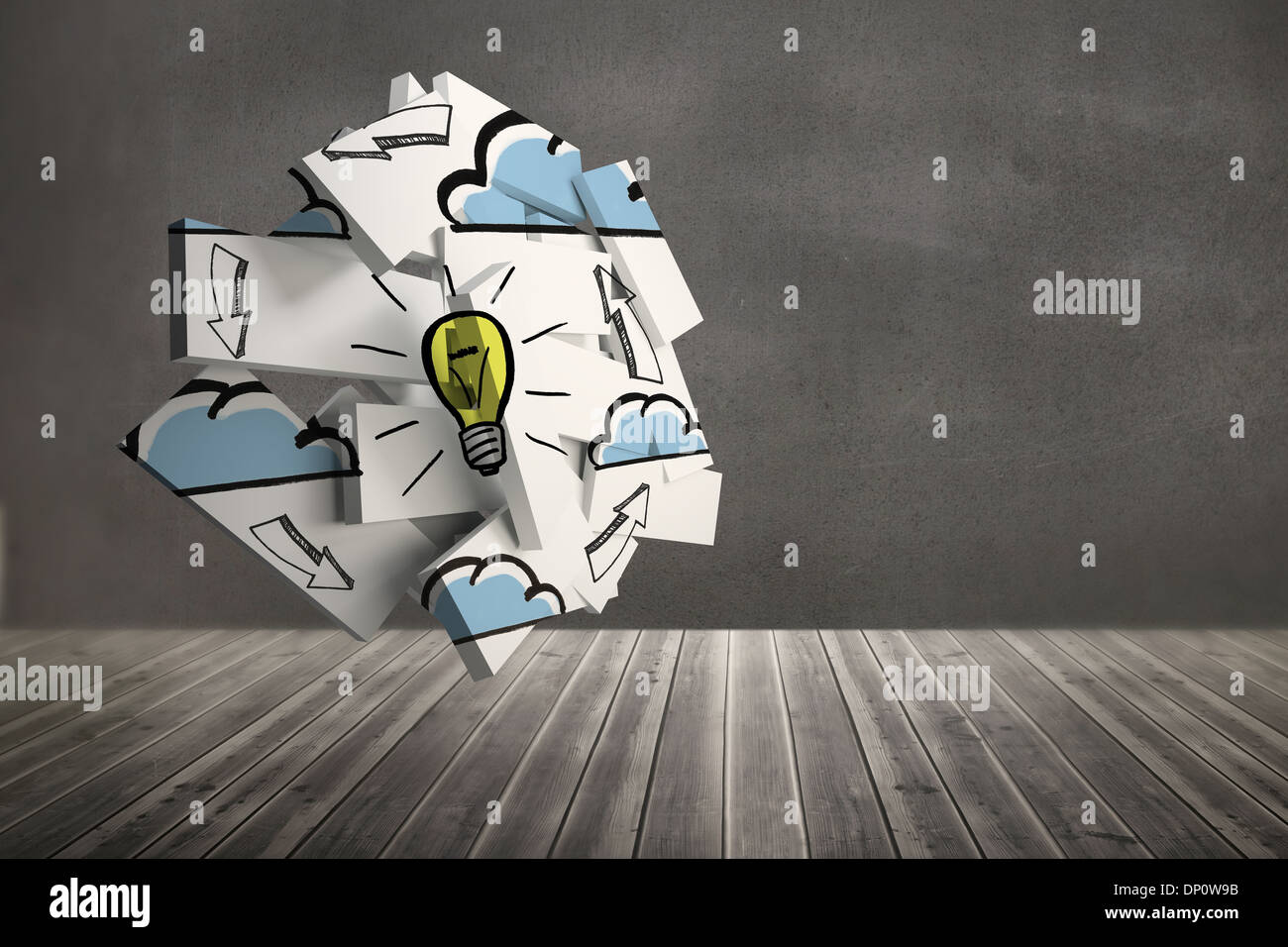 Light bulb graphic on abstract screen in room Stock Photo