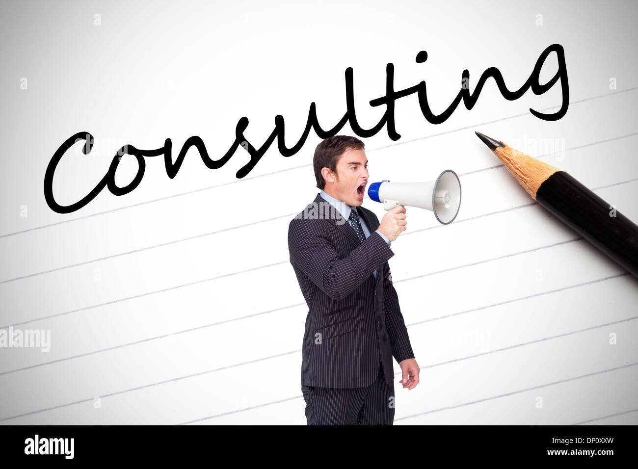 Composite image of standing businessman shouting through a megaphone Stock Photo