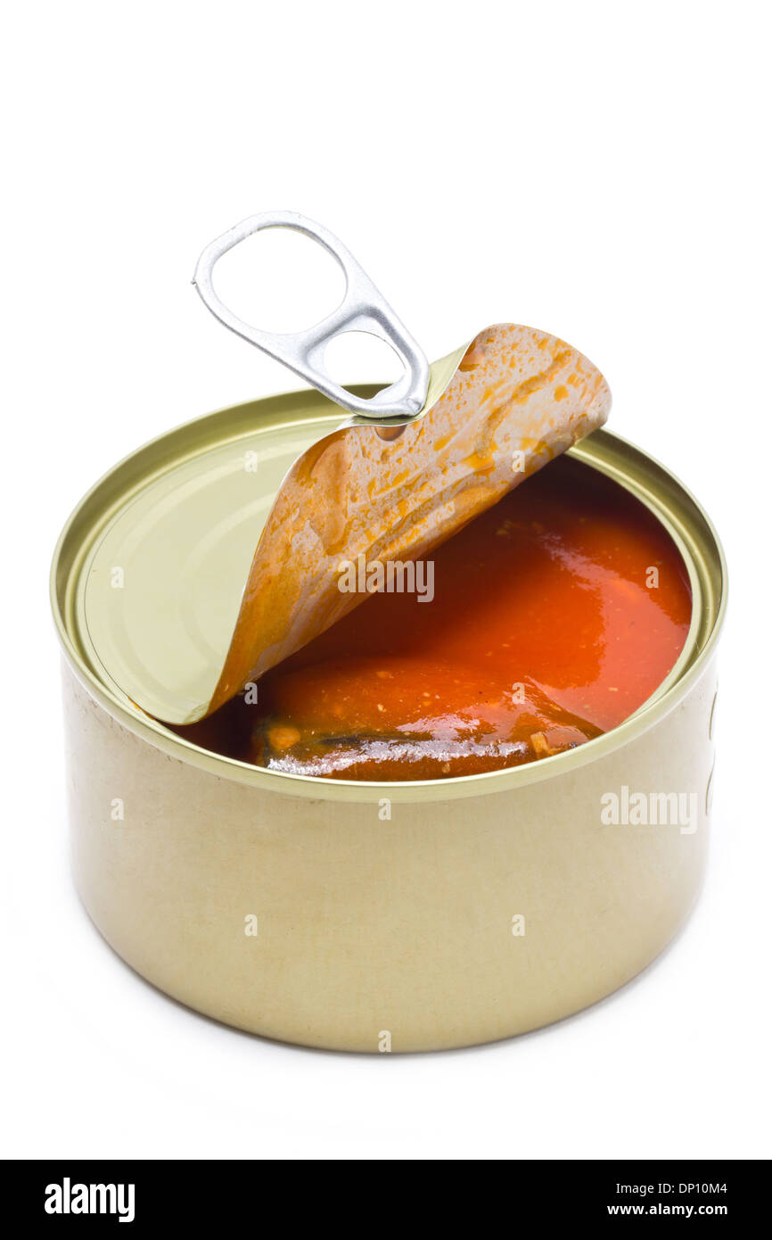 Opened can with mackerel and tomatoes sauce inside.Isolated on white