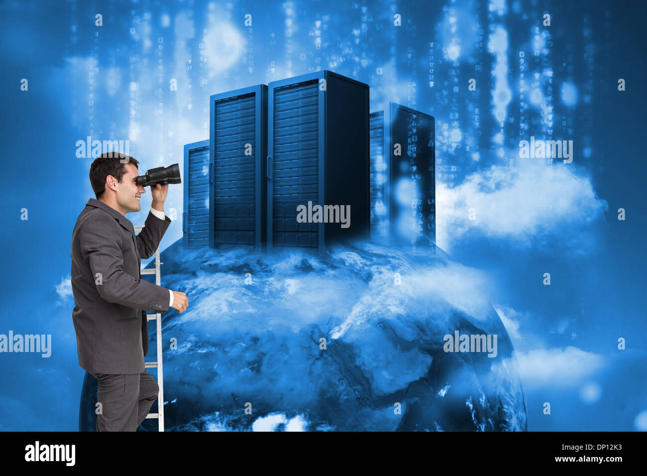 Composite image of businessman standing on ladder Stock Photo - Alamy