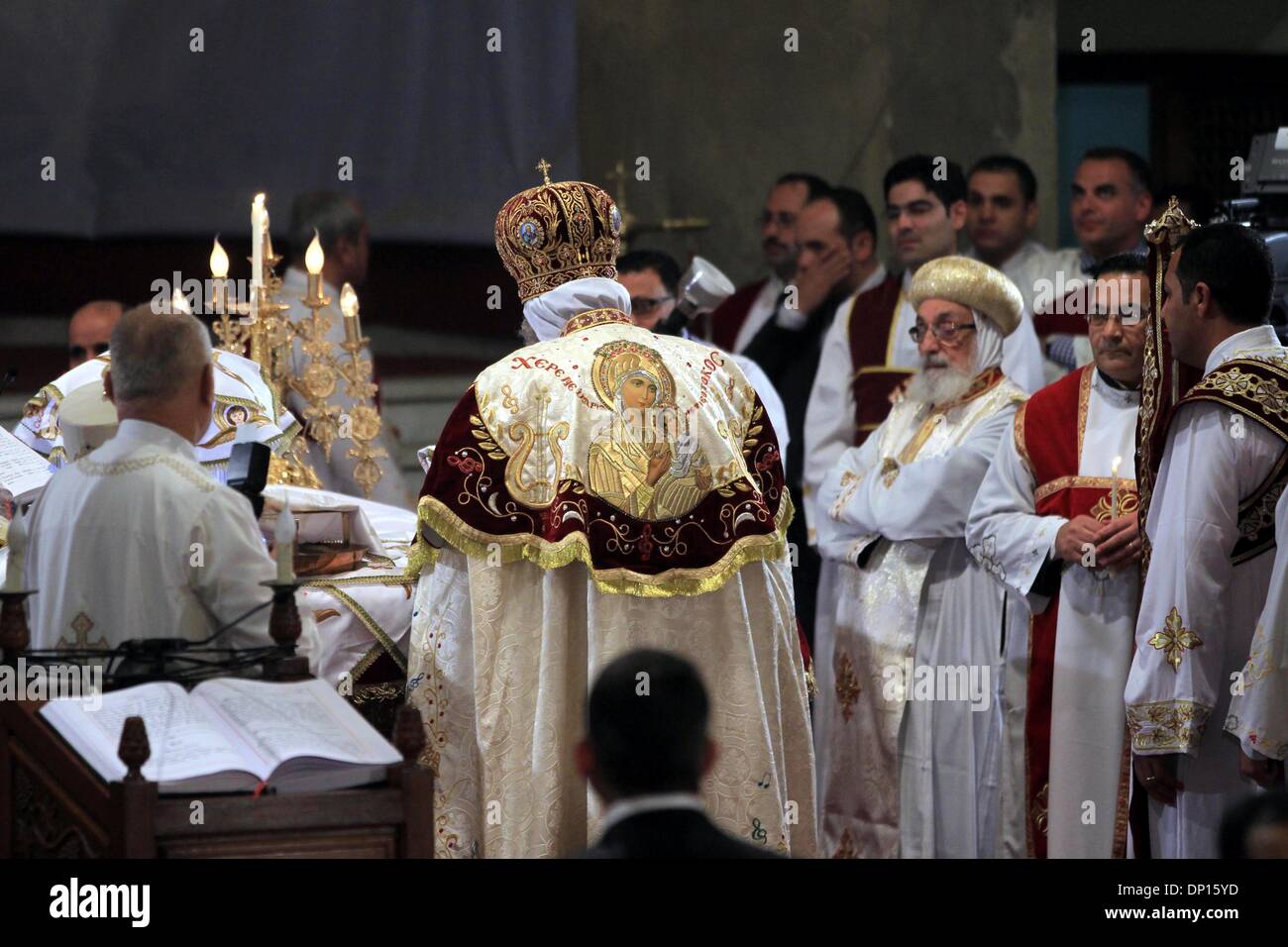 Cairo, Cairo, Egypt. 6th Jan, 2014. Coptic Pope Tawadros II, center ...