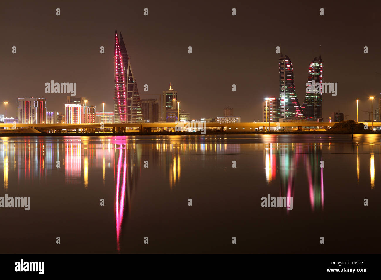 Skyline of Manama at night. Bahrain, Middle East Stock Photo