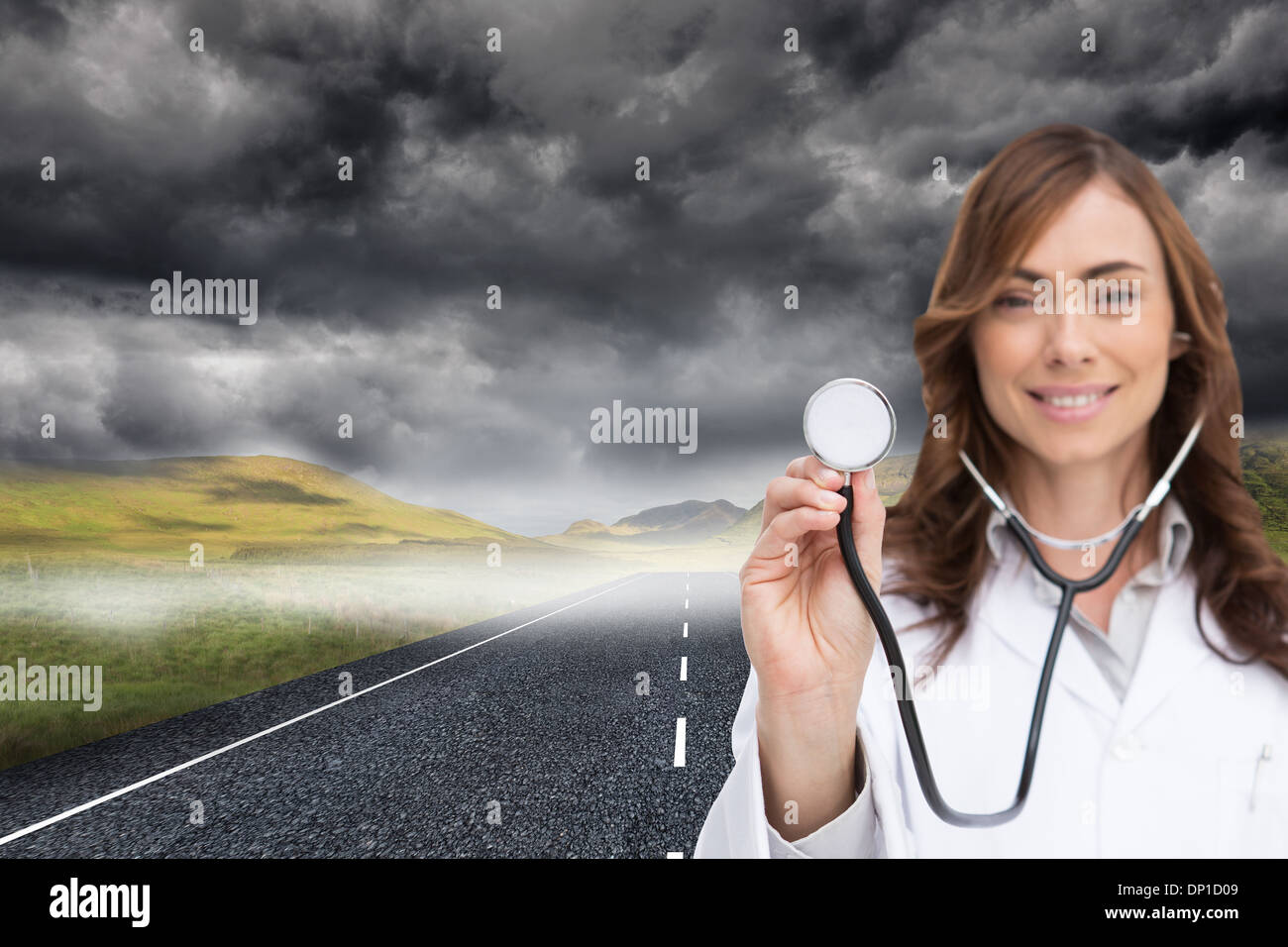 Composite image of happy doctor using stethoscope Stock Photo
