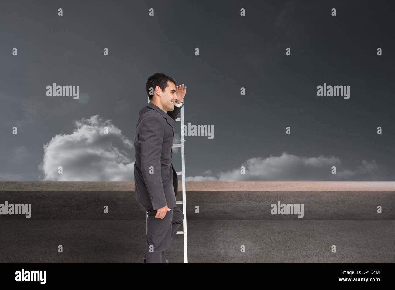 Composite image of happy businessman standing on ladder Stock Photo - Alamy