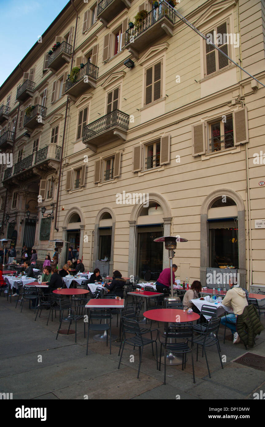 Cafe terraces in Via Cesare Battisti pedestrian street central Turin Piedmont region Italy Europe Stock Photo