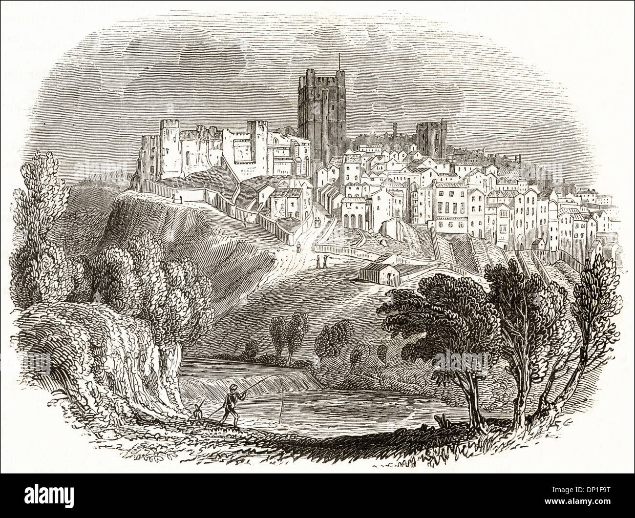 View over River Swale toward Richmond North Yorkshire England UK. Victorian woodcut circa 1845. Stock Photo