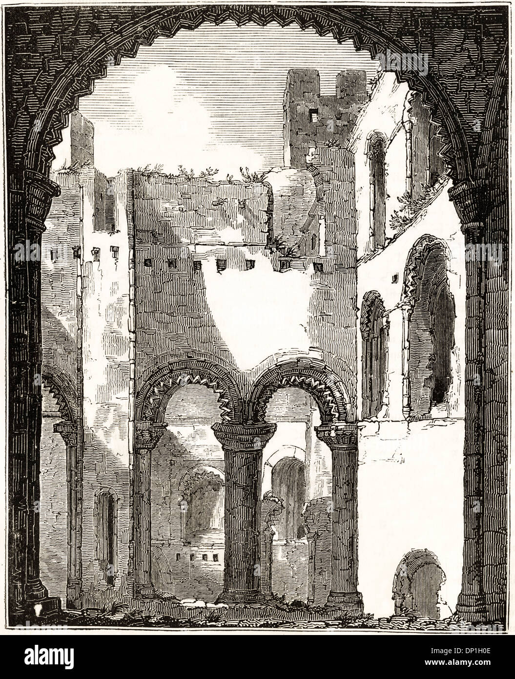 Interior remains of the upper story of Rochester Castle Kent England UK. Victorian woodcut circa 1845. Stock Photo