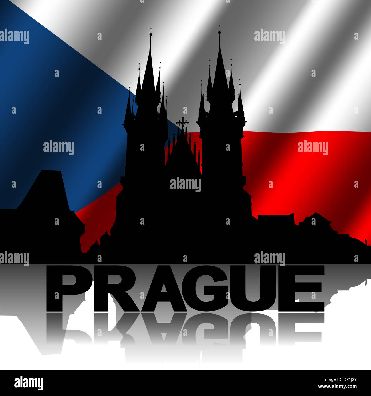 Prague skyline and text reflected with rippled Czech flag illustration Stock Photo