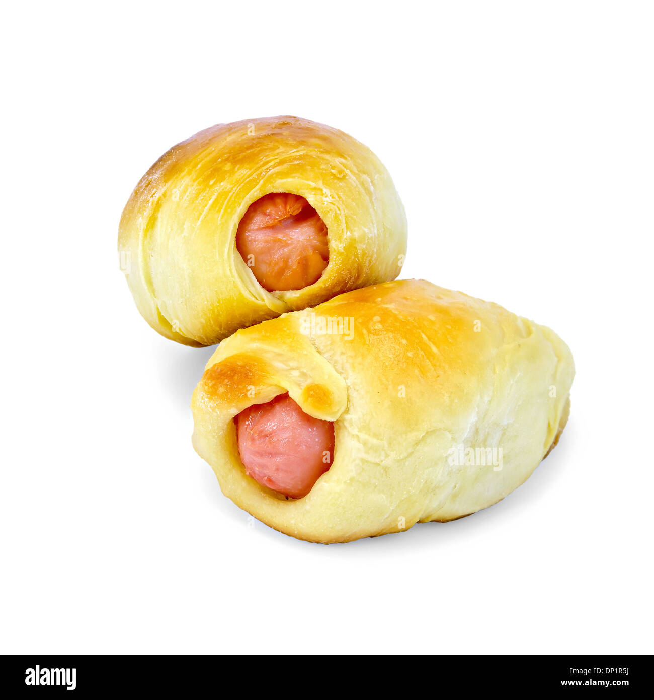 Two sausage rolls isolated on white background Stock Photo