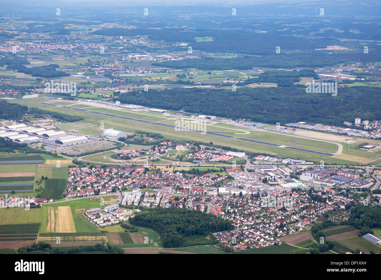 Aerial view, Friedrichshafen airport with the village of Allmannsweiler