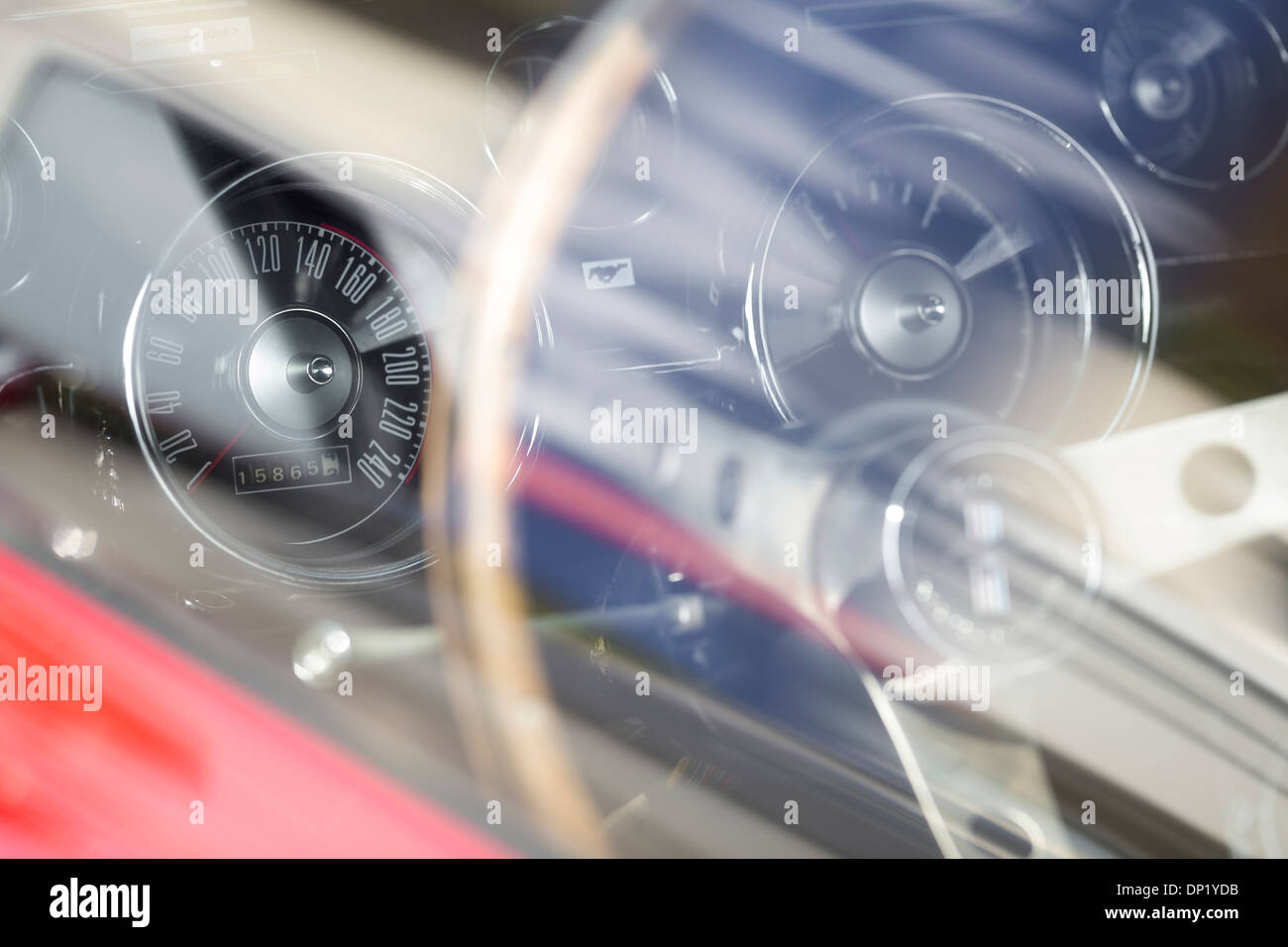 Speedometer and steering wheel, Ford Mustang 302 GT, 1968 Stock Photo
