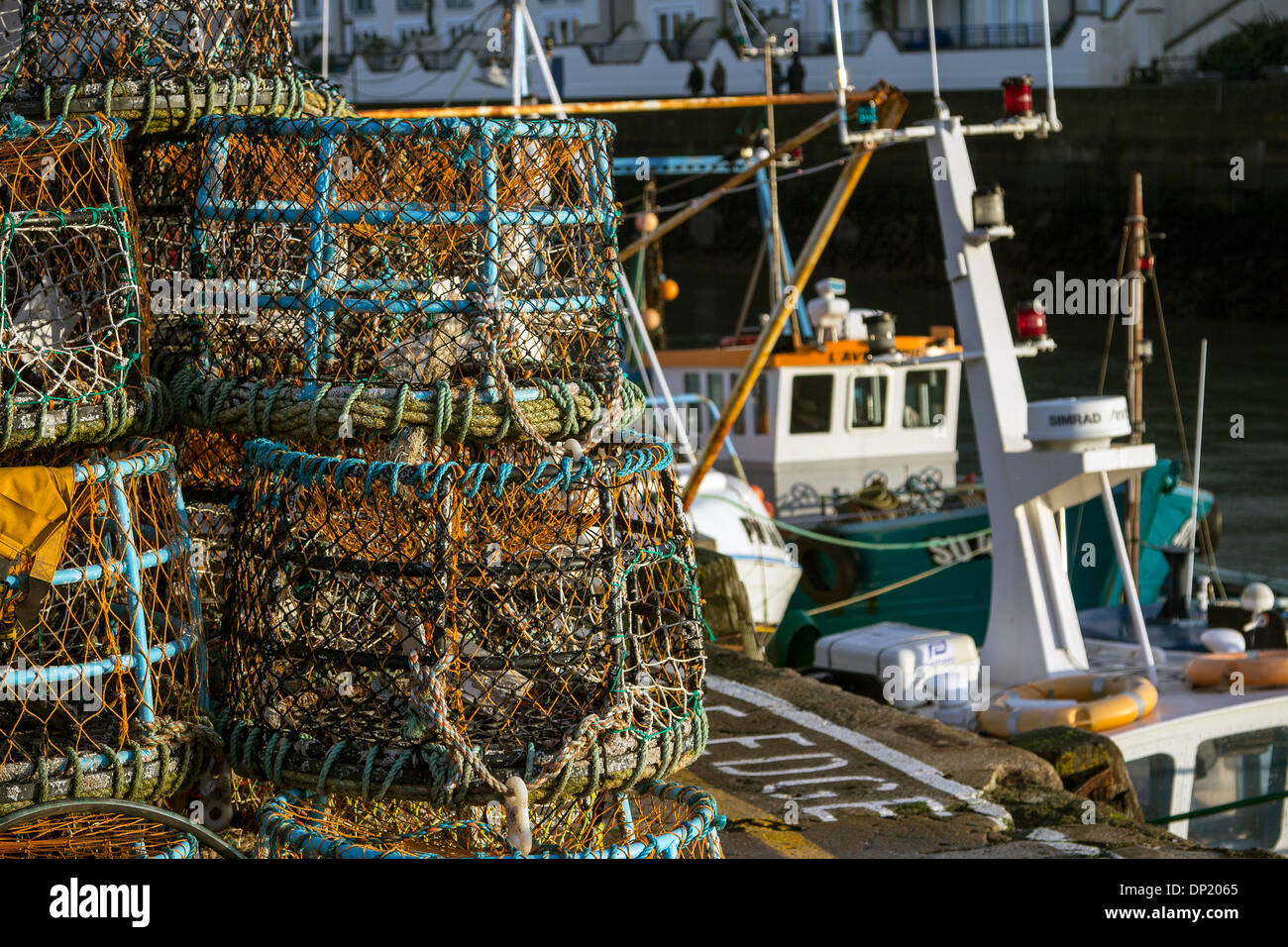 lobster pots,lobster pots,brixham trawler fleet,brixham harbour,the edge,Brixham fishing fleet,Brixham,Torbay, old, deck, bow, c Stock Photo