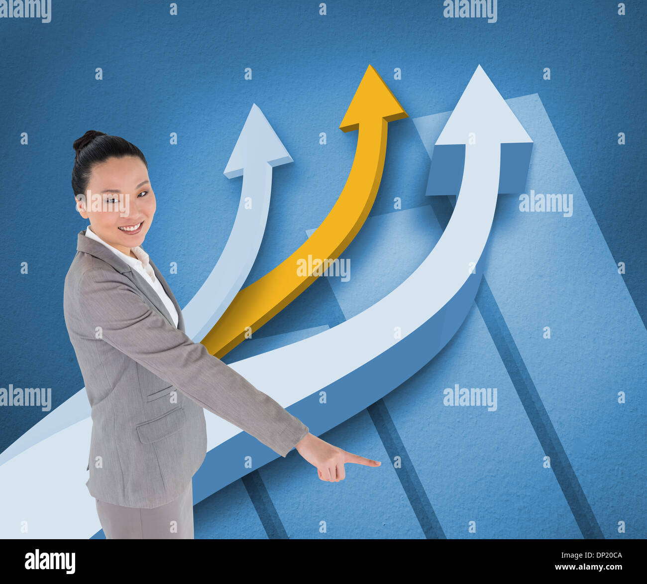 Asian woman pointing upwards hi-res stock photography and images - Alamy