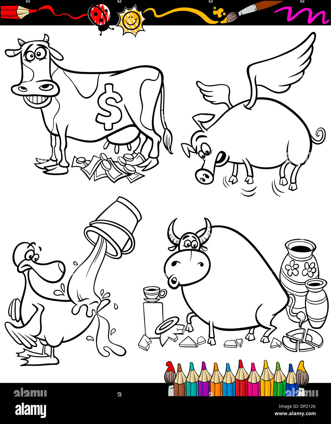 Coloring Book or Page Cartoon Illustration Set of Black and White Sayings or Proverbs for Children Stock Photo