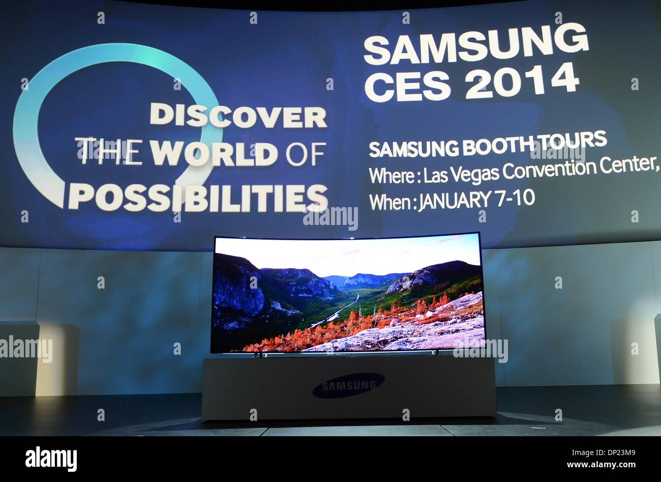 Las Vegas, USA. 06th Jan, 2014. A flat screen television is on display during a press conference of electronics manufacturer Samsung at the consumer electronics fair 'CES 2014' in Las Vegas, USA, 06 January 2014. The trade fair runs from 07 January 2014 to 10 January 2014. Photo: Britta Pedersen/dpa/Alamy Live News Stock Photo