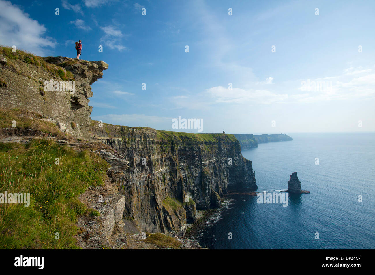 Walker on the Cliffs of Moher Coastal Path, County Clare, Ireland. Stock Photo