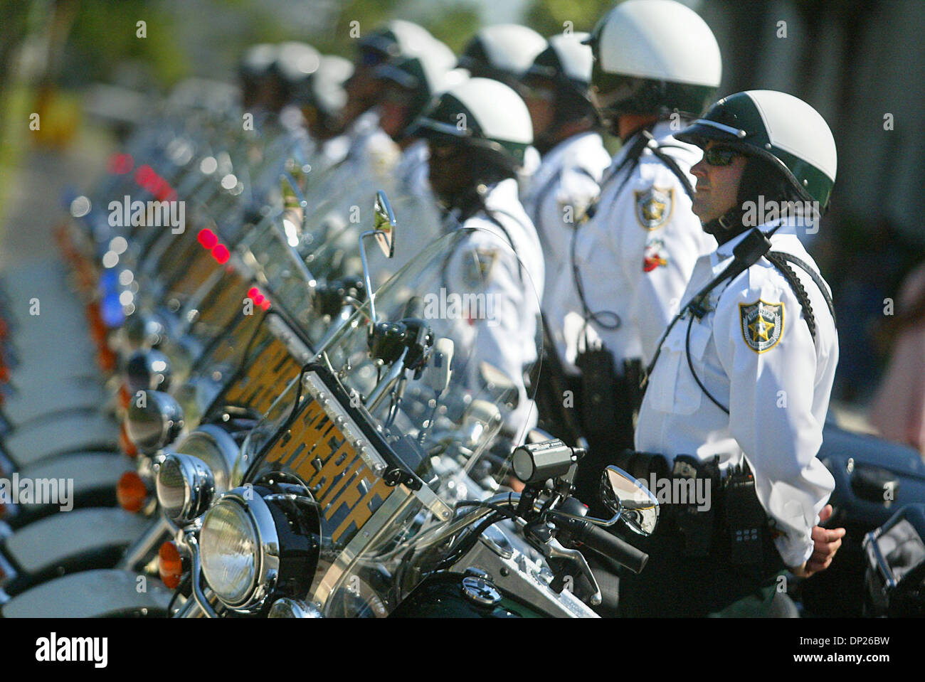 May 18, 2006; West Palm Beach, FL, USA; A row of sheriff's deputies on motorcycles particpate in Annual Fallen Deputy Memorial at the Sheriff's office headquarters in West Palm Beach Thursday morning.  Twelve sheriff's deputies were honored in total.  Mandatory Credit: Photo by Damon Higgins/Palm Beach Post/ZUMA Press. (©) Copyright 2006 by Palm Beach Post Stock Photo