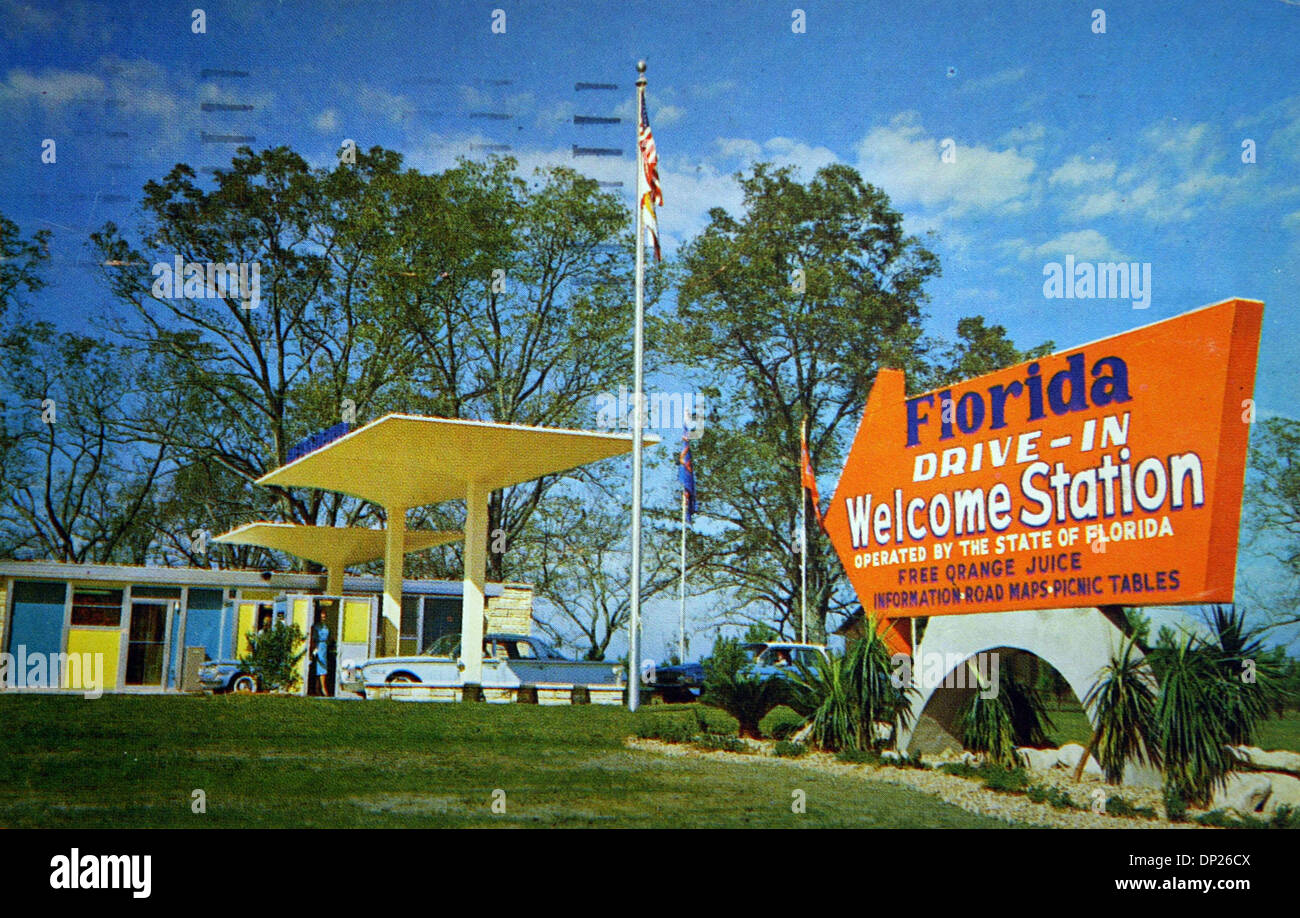 May 18, 2006; Miami, FL, USA; This vintage postcard mailed from Miami on February 27th, 1963 to a Miss Lucille Franks in Pittsburgh, PA shows one of the early Florida Drive-In Welcome Stations:  advertising:  Free orange juice, information, road maps and picnic tables.  At the time, there were seven Welcome Stations in Florida (there are now four). Mandatory Credit: Photo by Histor Stock Photo