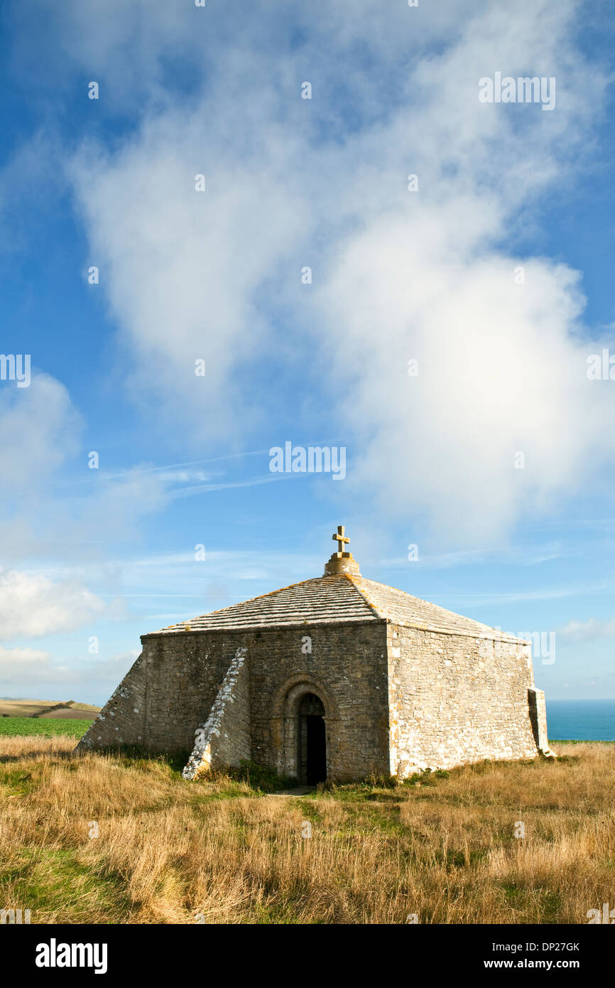 A view of St Aldhelm's Chapel on St Aldhelm's Head, on the Jurassic Coast in Dorset UK. Also called St Alban's Head Stock Photo