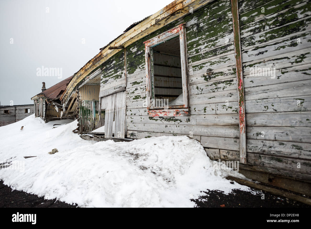 ANTARCTICA Wooden building ruins at the abandoned whaling station at
