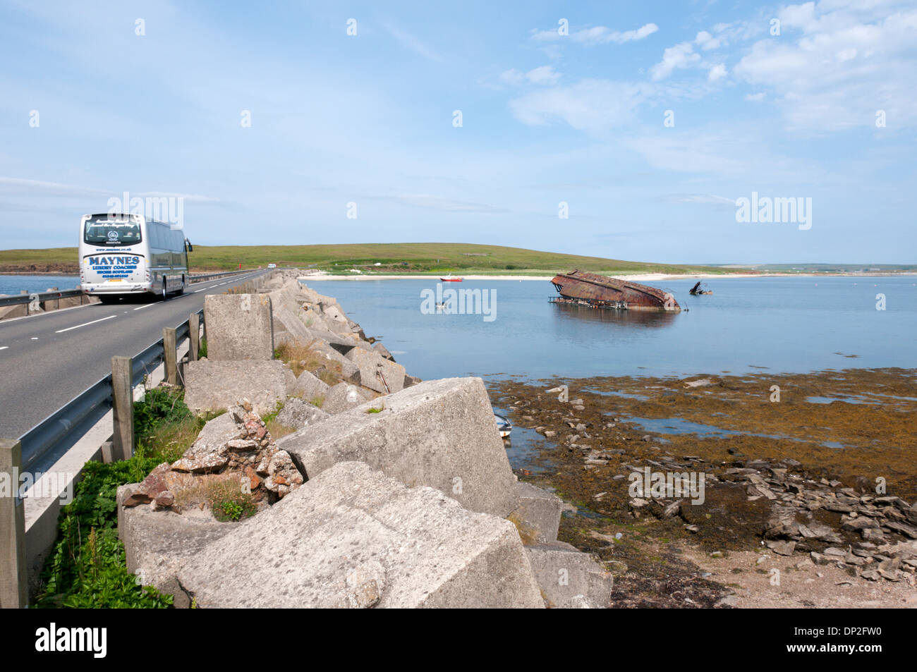 Remains of a blockship next to Churchill Barrier 3 between Glimps Holm and Burray, Orkney. Stock Photo