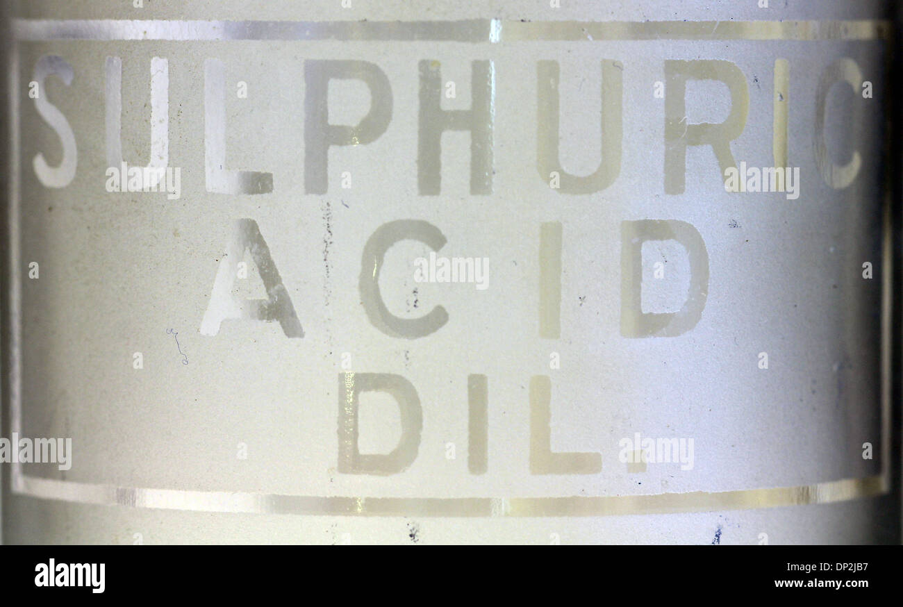 macro view of old chemistry bottle labeled for Sulphuric Acid Diluted. Stock Photo