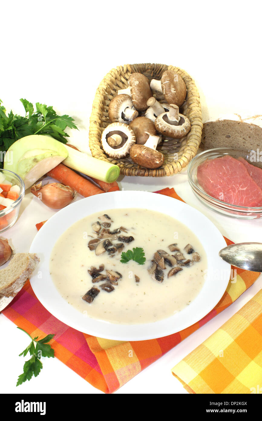 Veal cream soup with mushrooms and parsley on a light background Stock Photo