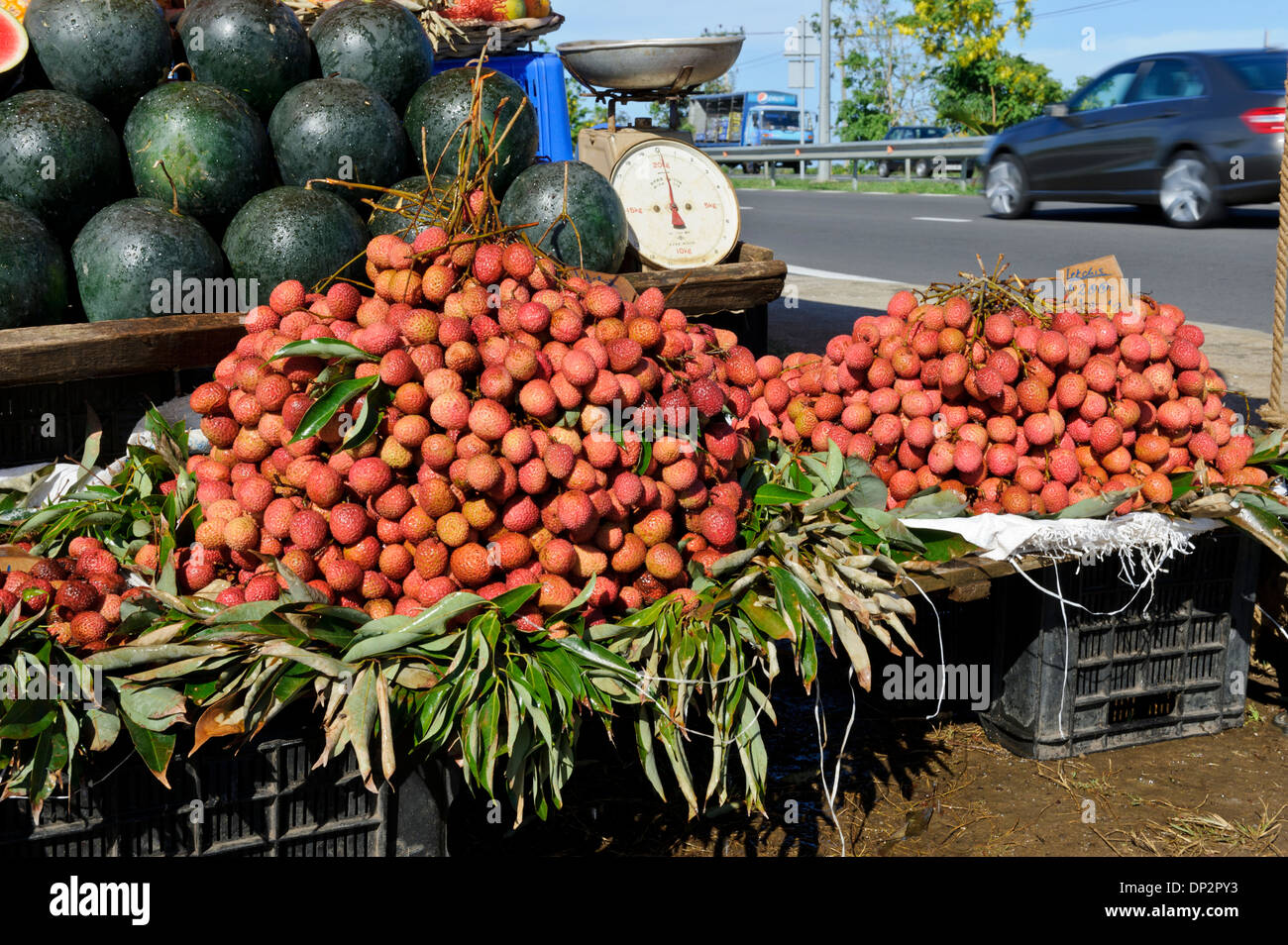Tropical fruits on sale by roadside, Mauritius Stock Photo Alamy